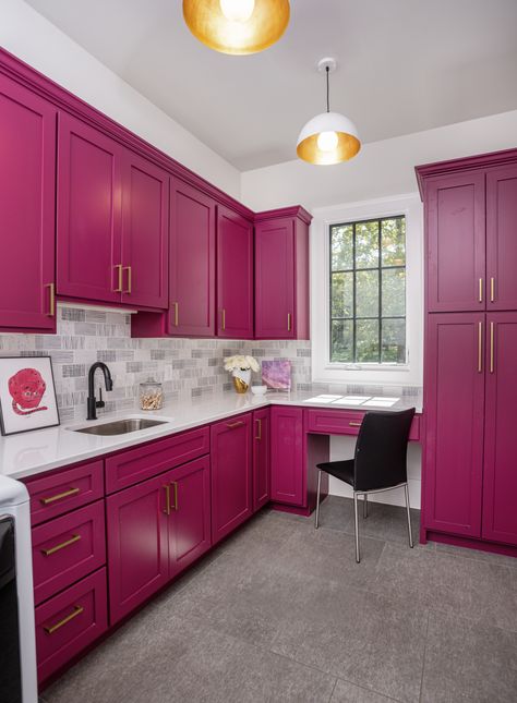 Hot Pink Cabinets, Magenta Kitchen, Yorktown Virginia, Maximalist Interior Design, Pink Cabinets, Wren House, Brick Decor, Green Kitchen Cabinets, Kitchen Colour Schemes