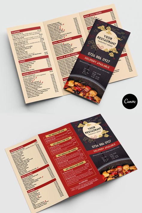 Chinese Restaurant Menu Design Ideas, Folded Menu Design, Chinese Menu Design, Restaurant Menu Card, Chinese Menu, Hotel Menu, Take Out Menu, Menu Card Design, Chinese Takeaway