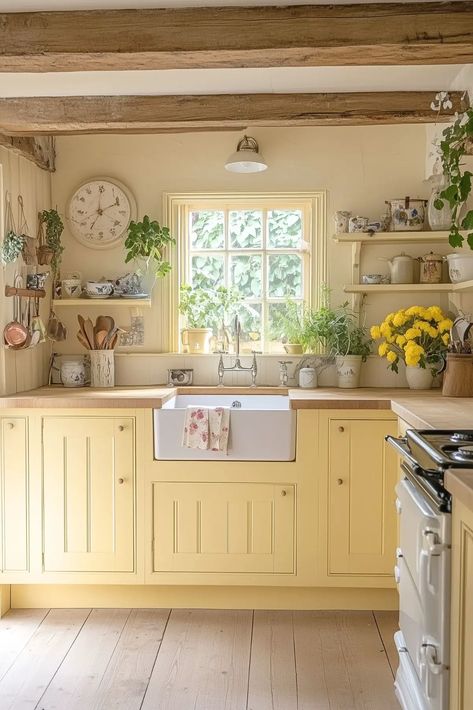 Pastel Colors in a Cottagecore Kitchen Colorful Aesthetic Kitchen, Pastel Kitchen Walls, Cottage Style Tiny House Interior, Pale Yellow Kitchen Ideas, Pastel Farmhouse Decor, Cottagecore Home Inspiration, Pastel Vintage Kitchen, Colorful Cottage Decor, Kitchen Color Wall