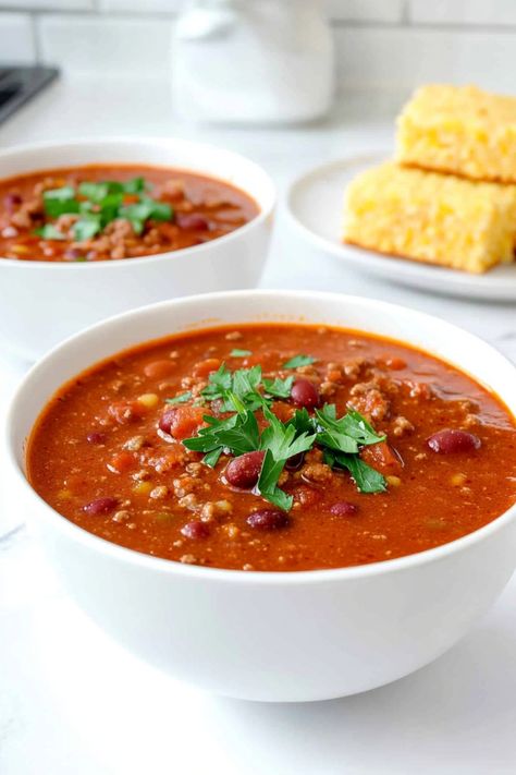 Indulge in the ultimate comfort food with this hearty tomato soup with chili recipe. Packed with bold flavors and zesty spices, this soup is perfect for chilly evenings or when you're craving a warm and satisfying meal. Made from fresh tomatoes and a hint of chili, this homemade soup is sure to warm you up from the inside out. Whether enjoyed as a light lunch or paired with your favorite sandwich, this tomato soup with chili will quickly become a new go-to dish in your recipe collection. Chili With Tomato Soup, Hearty Tomato Soup, Best Tomato Soup, Condensed Tomato Soup, Tomato Soup Homemade, Tomato Soup Recipes, Cozy Meals, No Bean Chili, Light Lunch