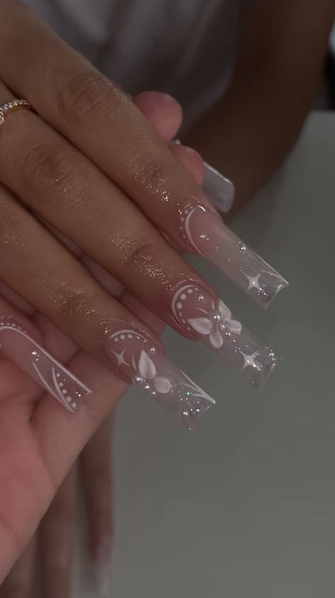 Quinceanera Nails, Girls Nail Designs, Brown Acrylic Nails, Clear Acrylic Nails, Long Nail Designs, Nails Design With Rhinestones, French Tip Acrylic Nails, Cute Acrylic Nail Designs, Simple Acrylic Nails