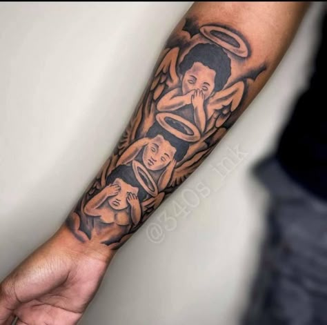 Upper Outer Arm Tattoo, Inside Arm Tattoo Men, Fye Tattoos, Good And Evil Tattoos, Inside Bicep Tattoo, Arm Tattoos Lettering, No Evil Tattoo, Thigh Piece Tattoos, Inside Of Arm Tattoo