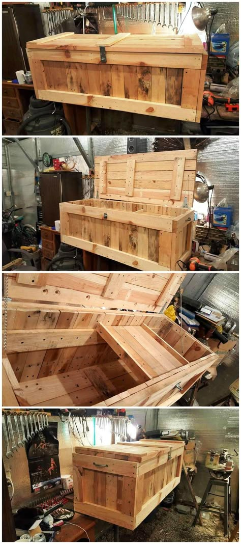 A DIY pallet chest is one of the best options for adding some new furniture to your room or house #diypalletdecor #diypalletchest #diyrusticdecor Pallet Trunk, Pallet Chest, Pallet Bar Diy, Diy Pallet Sofa, Wooden Pallet Furniture, Wooden Pallet Projects, Recycled Pallets, Pallet Outdoor, Pallet Crafts