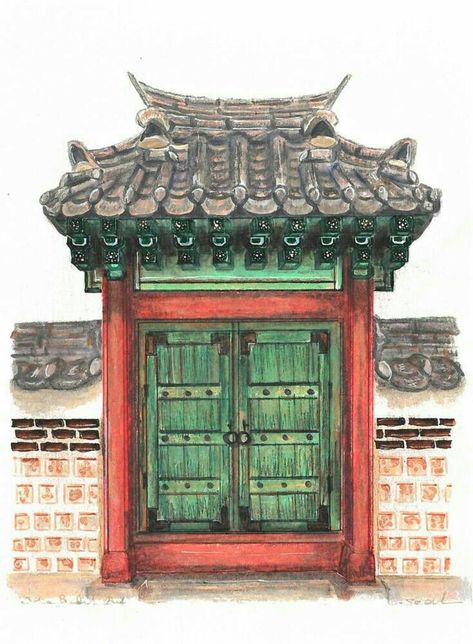 Seoul Drawing, Small House Drawing, Japanese Architecture Drawings, Seoul Architecture, Paper Architecture, Korean Painting, Building Sketch, South Korea Seoul, Building Painting