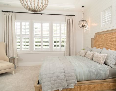 Hamptons Window Coverings, Window Treatments For 3 Windows In A Row Master Bedrooms, Bedroom Window Shutters Ideas, Mixing Window Treatments In A Room, Shutter Blinds And Curtains, New Home Window Treatments, Window Treatments For Big Windows, Different Window Treatments In Same Room, Bedroom Window Dressing Ideas