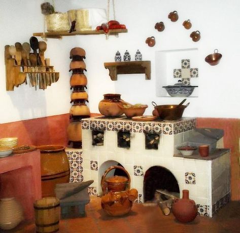 Kitchen Decor Mexican Style, Adobe Kitchen, Mexican Outdoor Kitchen, Hacienda Style Kitchen, Mexican Style Homes, Mexican Folk Art Decor, Spanish Style Kitchen, Fall Gift Baskets, Houses In Mexico