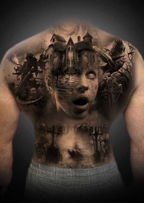 Gothic Back Tattoo, Tattoo Thoughts, Back Piece Tattoo, Dark Castle, Back Tattoos For Guys, Back Piece, Unique Tattoo Designs, Face Tattoo, Unique Tattoo