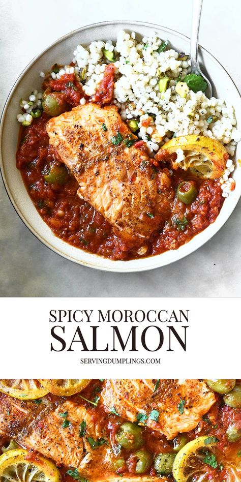 Spicy Moroccan Salmon with Pistachio Couscous Fish And Couscous Recipe, Middle Eastern Salmon, Salmon Couscous Recipes, Moroccan Veggies, Winter Salmon Recipes, Salmon And Couscous Recipes, Dinner Ideas With Fish, Salmon Dishes Dinners, Salmon Meal Ideas