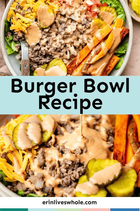 Craving a burger but forgot to grab a pack of burger buns at the store? That's okay - make your own burger bowl instead! Made with juicy ground beef, crispy lettuce, juicy tomatoes, and homemade special sauce, this burger bowl recipe is a delicious and healthier alternative to a traditional burger. Bunless Hamburger Ideas, French Fry Burger Bowl, Ground Burger Recipes Dinners Healthy, Bun Less Burger Ideas, Cheeseburger Bowl Recipe, Hamburger Burrito Bowl, Burger Recipes No Bun, Healthy Burger Meals, Animal Style Burger Bowl