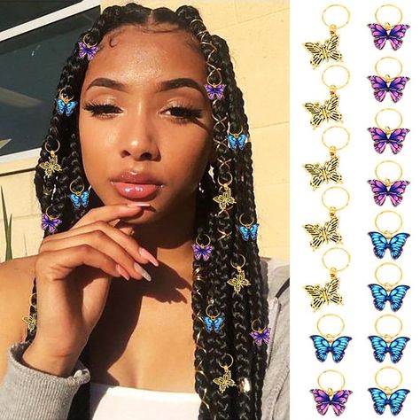 PRICES MAY VARY. Loc jewelry for hair are made of alloy and cute butterfly, pack of 15. Hair jewels for braids have 3 different colors: gold, purple and blue. Approx size: ring diameter: 0.55in/1.4cm; gold butterfly: 0.79in*0.59in/2cm*1.5cm, purple & blue butterfly: 0.87in*0.59in/2.2cm*1.5cm. Gold butterfly dreadlock accessories are easy to attach to your dreads. They are adjustable; you can twist the two ends of the ring to open or close it. And they are made of high quality alloy, so you don't Hair Jewelry For Braids, Braid Clips, Braid Accessories, Hair Charms, Dreadlock Accessories, Loc Jewelry, Cute Box Braids Hairstyles, Hair Jewels, Protective Hairstyles Braids