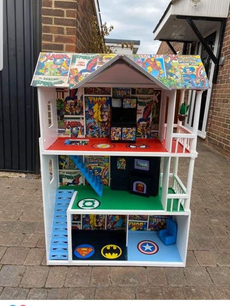 Lego Dollhouse Diy, Lego Doll House, Superhero House, Dollhouse Makeover For Boys, Boys Dollhouse Diy, Diy Boys Dollhouse, Superhero Playhouse, Boys Dolls House Ideas, Doll House For Boys Diy