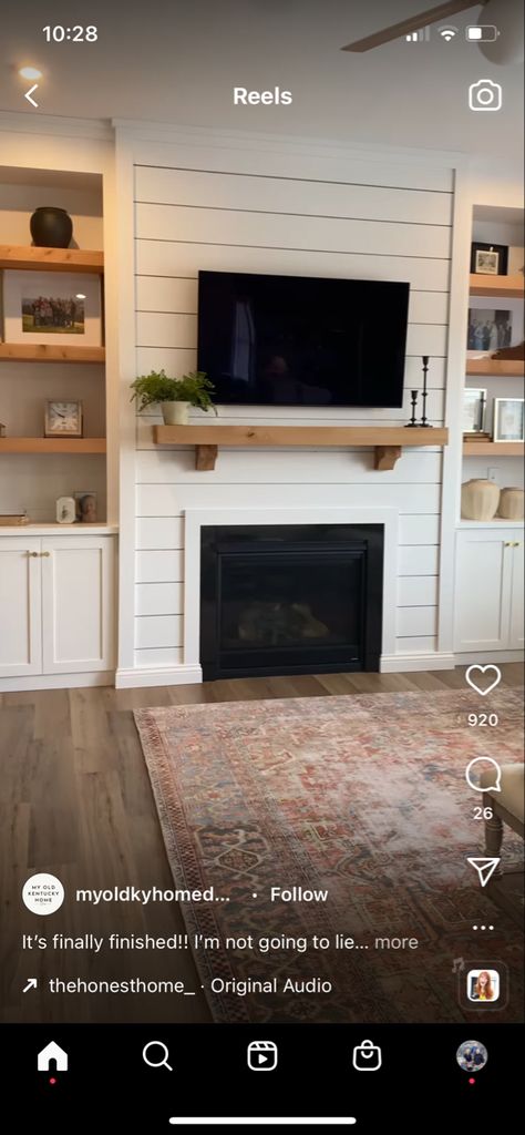 Living Room Inspiration With Fireplace And Tv, Cottage Gas Fireplace Ideas, Shiplap Fireplace With Built Ins On Both Sides, Traditional Gas Fireplace Ideas With Tv Above, Diy Propane Fireplace Living Rooms, Gas Fireplace Modern Farmhouse, Fireplace Insert With Built Ins, Gas Fireplace With Shelves On Side, Living Room Shiplap Fireplace