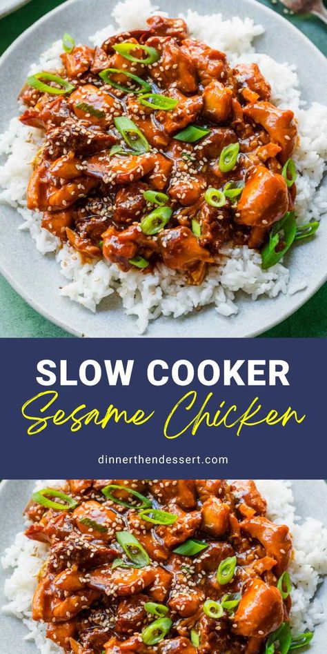 Slow Cooker Sesame Chicken is an easy recipe for Asian takeout. Chicken in a sweet and savory sauce with honey, sesame oil, and soy sauce. Slow Cooker Sesame Chicken is so easy to make with sauce ingredients you definitely have on hand. Sesame Chicken Recipe Slow Cooker, Slow Cooker Honey Sesame Chicken, Sticky Honey Chicken Slow Cooker, Crockpot Sesame Chicken Easy, Crockpot Honey Sesame Chicken, Chinese Chicken In Crockpot, Honey Sesame Chicken Crock Pot, Crockpot Sticky Chicken, Chinese Chicken Recipes Crockpot