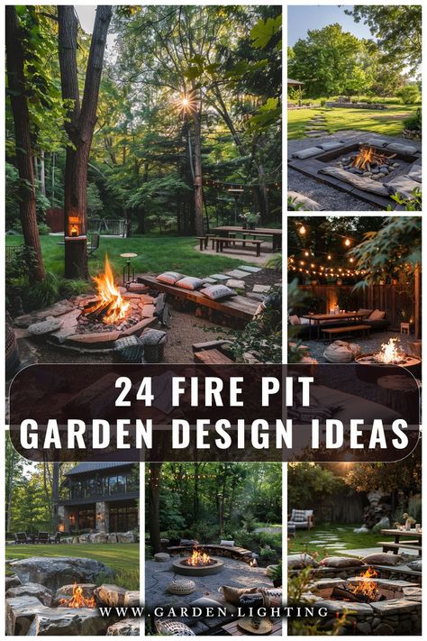 a collage of photos of a fire pit with a fire in it Fire Pit Outdoor Area, Fire Pit Playground Backyard, Fire Pit With Patio Stones, Fun Fire Pit Ideas, Wood Firepits Backyard, Fireplace Garden Ideas, Black Fire Pit Ideas Backyard, Umbrella Over Fire Pit, Vegetable Garden With Fire Pit