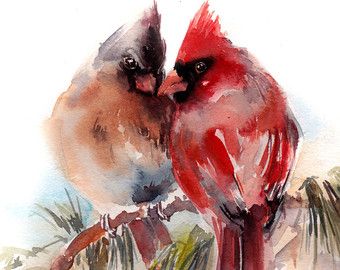 Birds Watercolor Painting Art Print Northern by CanotStopPrints Lovebirds Watercolor, Cardinal Birds Art, Cardinal Watercolor, Bird Couple, Cardinal Painting, Birds Watercolor, Watercolor Textures, Jesus Girl, Bird Watercolor Paintings