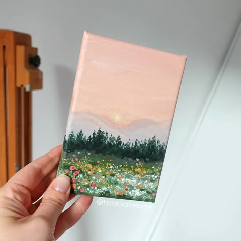 Spring = more colors 🌸⁠ ⁠ I couldn't resist painting a mini landscape with the vibrant colors of this season🌷⁠Swipe to see more photos and let me know what you think🌷🤗⁠ ⁠ the original painting is available for purchase on Etsy ✨ ⁠ ⁠ and in case you want to watch the steps of painting this mini landscape, there's a video on my YT channel ✨ link in my bio⁠ .⁠ .⁠ .⁠ .⁠ #minicanvas #minicanvaspainting #acrylicpaintingartist #acrylicpaintings #artistsonig #artstudio #artstudiolife #minipainting ... Cute Lil Paintings, Painted Mini Canvas, Simple Landscape Painting Ideas, Acrylic Painting On Square Canvas, Mini Oil Painting Ideas, Canvas Painting Ideas Mini, Mini Watercolour Painting, Book Painting Ideas On Canvas, Cute Mini Paintings Easy