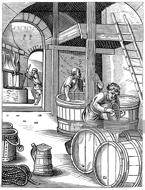 Brewer, 16th century (1849). A 19th century version of an original 16th century engraving. From Le Moyen Age et la Renaissance, by Paul Lacroix, Ferdinand Séré and A Rivaud, Volume I (Paris, 1849). Pirate Drinks, Modern Brewery, Vikings Beer, Beer History, Medieval Crafts, Medieval Period, How To Make Beer, Beer Brewing, Ancient Artifacts