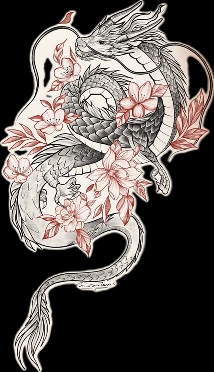 Dragon Tattoo Hip, Dragon Tattoo With Flowers, Dragon Thigh Tattoo, Dragon Tattoo Stencil, Red Flower Tattoos, Black Dragon Tattoo, Asian Dragon Tattoo, Red Dragon Tattoo, Dragon Tattoo Art