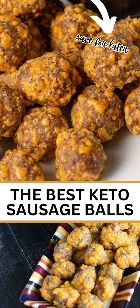 Collage of overhead shot of keto sausage balls at top and bottom. Homemade Sausage Balls, Keto Sausage Balls, Sausage Balls Recipe, Keto Sausage, Hot Sausage, Sausage Balls, Healthy Dips, Baked Chicken Parmesan, Homemade Sausage