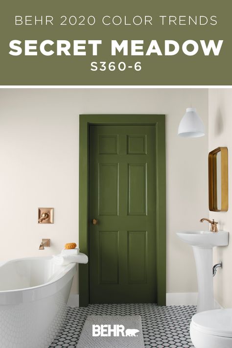 BEHR® Paint in Secret Meadow is an eclectic, botanical green with global appeal. As seen on this painted bathroom door, it pairs beautifully with neutral gray and white tones. Click below to learn more about this shade from the BEHR® 2020 Color Trends Palette. Secret Meadow Behr Paint, Green House Paint Ideas, Behr Paint Green Colors, Green Paint Behr, Greenhouse Paint Colors, Paint Colors For Front Door, Green Paint Colors Behr, Green Behr Paint, Behr Green Paint