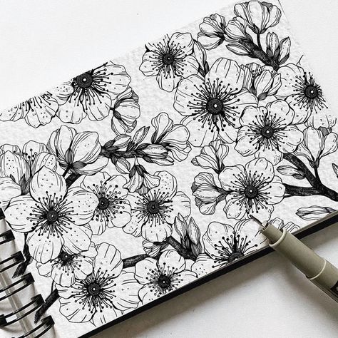 Cherry Blossoms Sketch, Micron Pen Art Sketches, Gardening Doodles, Sketches Flowers, Black Pen Drawing, Micron Pen Art, Pen Sketches, Micron Pen, Flower Drawing Tutorials