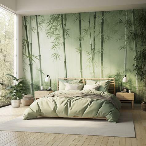 Bamboo Room Aesthetic, Bamboo Aesthetic Room, Bedroom Ideas Asian Style, Japan Style Bedroom, Bamboo Wallpaper Bedroom, Bedroom Inspirations Master Japanese, Zen Style Bedroom, Aaia Forest Zen Bedroom, Spa Inspired Bedroom