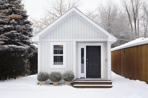 This 649 square foot ADU (Accessory Dwelling Unit) gives you a dedicated bedroom with a flex room that can be used as a second bedroom or an office or whatever you need. This cute house plan can be built as a rental unit as well as for a permanent home. A covered porch provides shelter at the front door which opens to a vaulted space with the kitchen lining the left side and the living room the rest of the space. Laundry is tucked into an alcove as you head towards the bedroom and bathroom. NOTE Adu Guest House, Mother Inlaw Suite House Plans, Small Rental House Plans, Additional Dwelling Unit House Plans, One Bedroom Adu, Adu Home Plans, Accessory Dwelling Unit Plans, Adu Apartment, 12x32 Tiny House Floor Plans