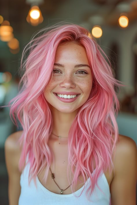 18. Bright Pink and Blonde Balayage - Pink Hair Color Ideas Women With Pink Hair, Waves For Long Hair, Medium Balayage Hair, Pink Peach Hair, Dramatic Hair Colors, Vibrant Hair Color, Peach Hair Colors, Pink Hair Color Ideas, Pink Waves