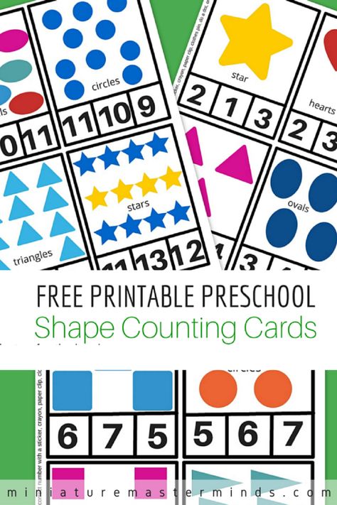 Free Printable Preschool Shape Counting Cards Learn shapes and practice counting at the same time with these shape counting cards! From 1 – 12 the kids can count circles, stars, hearts, and t… Kindergarten Rotations, Learning Shapes Preschool, Learning Shapes Activities, Counting Preschool, Counting Clip Cards, Learn Shapes, Shapes Kindergarten, Daycare Forms, Printable Shapes