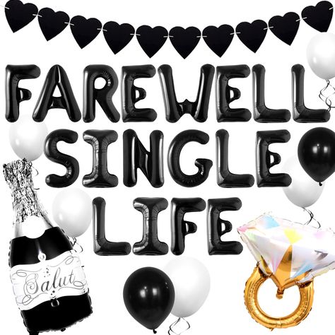 PRICES MAY VARY. Enjoy our Rip Single Life Party Decoration . Very suitable for any Bachelorette party! You will get: 1 x black bottle, 1 x gold ring balloon, 20 x black white balloons,1 x black heart banner, 1 x Farewell Single Life letter balloon 16 inch. High-quality, strong and reusable. Beautiful and durable, reusable, saving money. Our Gothic Bachelorette Party Supplies will make your party more interesting and immerse your family and guests in an unforgettable experience with value for mo Rip Single Life Bachelorette, White Bachelorette, Black And White Balloons, Bachelorette Party Supplies, Bachelorette Decorations, Single Life, Black Balloons, Engagement Decorations, Bach Party