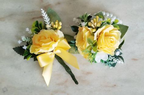 Light Yellow Corsage, Yellow Corsage And Boutonniere, Yellow Rose Corsage, Rose Corsage And Boutonniere, Yellow Corsage, Dance Asks, Yellow Boutonniere, Baby Sock Corsage, Red Corsages