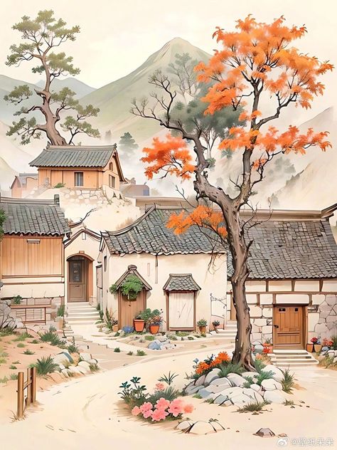 Angpao Imlek, Japanese Cottage, Chinese Village, Japan Watercolor, Village Drawing, Cottage Illustration, Architecture Drawing Sketchbooks, Pretty Cottage, Anime City