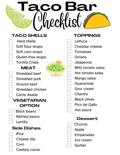 Football Taco Bar Party, Nacho Bar For Party, Taco Buffet Party, Loaded Nacho Bar, New Years Taco Bar, Bridal Shower Taco Bar Ideas, Taco Bar Set Up Ideas Mexican Buffet, Taco Bar Ingredients List, Taco Bar Checklist