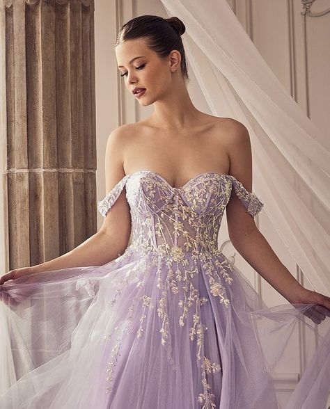 Prom Dress Off The Shoulder, Andrea And Leo, Layered Gown, Tulle Ballgown, Lavender Prom Dresses, Sheer Corset, Purple Prom, Voluminous Skirt, Best Prom Dresses