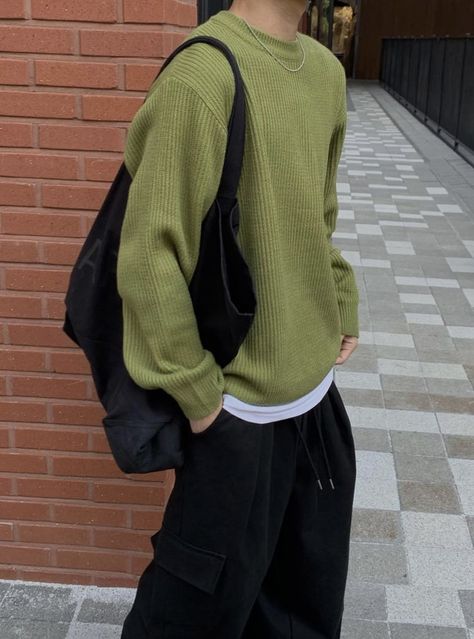 Green Fall Outfit Men, Green Clothes Aesthetic Men, Green Sweater Outfit Men, Light Green Outfit, Green Sweater Outfit, Japanese Street Fashion Men, Sweater Outfits Men, Masc Fashion, Aesthetic Outfits Men