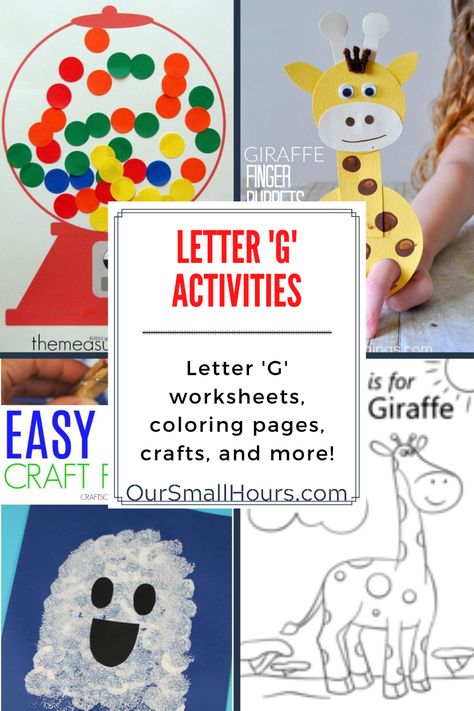 Help your little ones learn all about the letter G with these fun preschool letter G activities. You'll find Letter G worksheets, Letter G crafts, Letter G coloring pages and more! These free Letter G resources are worth saving. #lettergactivities #lettergworksheets #lettergcoloringpages #lettergcrafts #preschoolhomeschool #homeschool #letterg | oursmallhours.com Preschool G Activities, Letter G Activities For Preschoolers, Letter G Lesson Plans For Preschool, G Preschool Crafts, Letter G Crafts For Kindergarten, Preschool Letter G Crafts, Preschool Letter G Activities, Letter G Arts And Crafts For Preschool, Letter G Activities For Kindergarten