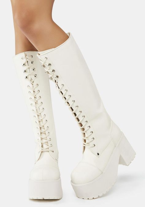 White Platform Lace-up Boots For Winter, White Long Boots, Platform Boots Aesthetic, White Lace-up Platform Boots For Streetwear, White Knee High Combat Boots, White Platform Combat Boots, White Leather Lace-up Platform Boots, White High Ankle Lace-up Boots With Platform, Butterfly Stomach