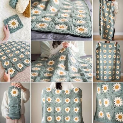 Crochet - Simple and fun to make, that's why granny... Daisy Blanket, Granny Square Crochet Blanket, Square Crochet Blanket, Daisy Granny Square, Crochet Top Dress, Crochet Blanket Pattern Easy, Crochet Jewelry Patterns, Blanket Crochet Pattern, Crochet Daisy