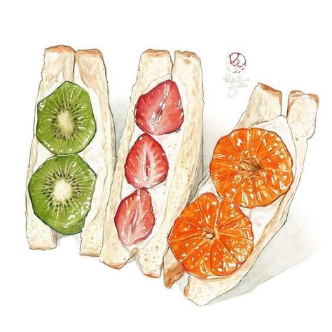 Falls Illustration, Fruit Sandwiches, Dessert Drawing, Food Watercolor, Desserts Drawing, Fruit Sandwich, Food Art Painting, 귀여운 음식 그림, Foodie Art