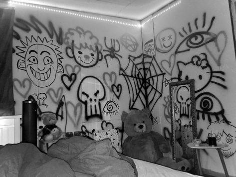 blackandwhite bedroom bedroomideas graffiti graffiti graffitiwall aesthetic tiktok Gothic Wall Painting, Graffiti Wall Painting, Room With Graffiti, Graffiti Walls Bedroom, Drawing On Bedroom Wall, Graffiti In Bedroom, Graffiti Room Wall, Graffiti Wall Bedroom, Graffiti Room Ideas Bedrooms