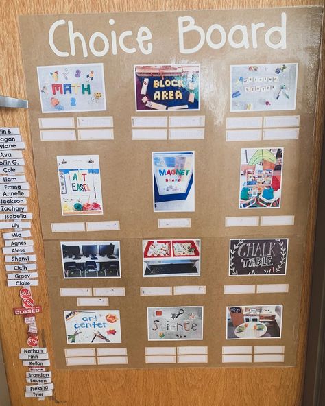 Ms. Lea on Instagram: “Are your kids free to play wherever or do you have a choice board? We use our board during morning and afternoon free play times. . .…” Center Choice Board Kindergarten, Center Choice Board Preschool, Classroom Necessities, Community Circle, Circle Time Board, Preschool Prep, Daycare Room, Morning Tubs, Prek Classroom