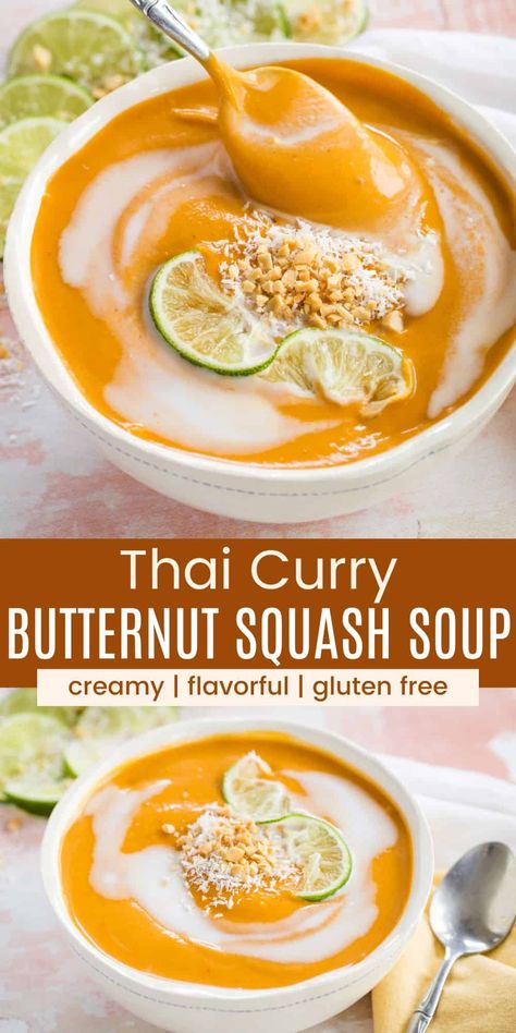 Add a flavor-packed twist to the classic fall soup with this Thai Curry Butternut Squash Soup. With the combination of naturally sweet squash, warm spices, and aromatic ingredients like coconut milk, lime juice, and soy sauce, this velvety smooth curried soup recipe will warm you from the inside out. Plus, it is naturally gluten free and vegan. Curry Butternut Squash Soup, Butternut Squash Soup Creamy, Thai Butternut Squash Soup, Curried Squash Soup, Winter Squash Recipes, Butternut Squash Curry, Butternut Squash Soup Recipe, Curried Butternut Squash Soup, Coconut Curry Soup