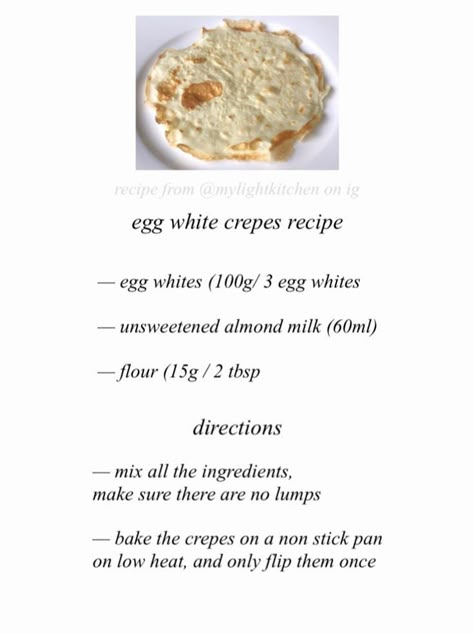 Low Cal Crepe Recipe, Low Cal Meal Recipes, Low Cal Crepes, L0w Cal Recipe, Ãnã Recipes, Low Cal Recipes Dinner, Egg White Recipes Healthy, Low Calorie Crepes, Lowcal Recipe