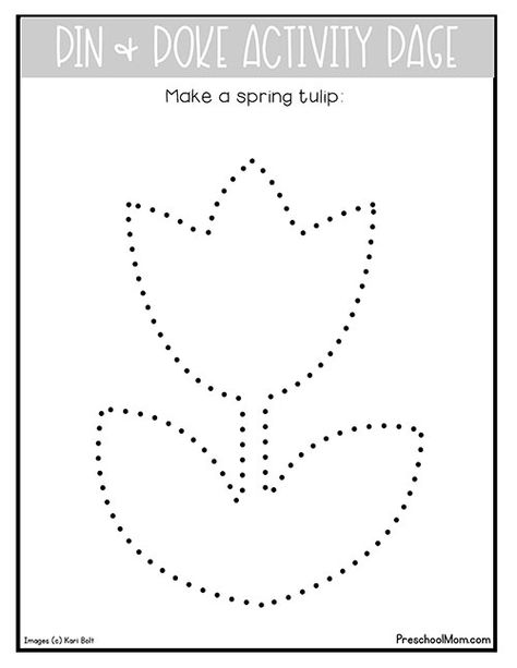 Art Worksheets For Preschool, Poke Pages Preschool, Pin Pricking Patterns, Spring Worksheet For Preschool, Mothers Day Fine Motor Activities, Poke Pin Pictures Free, Tulip Activities Preschool, Push Pin Activities For Preschool, Fine Motor Worksheets Preschool