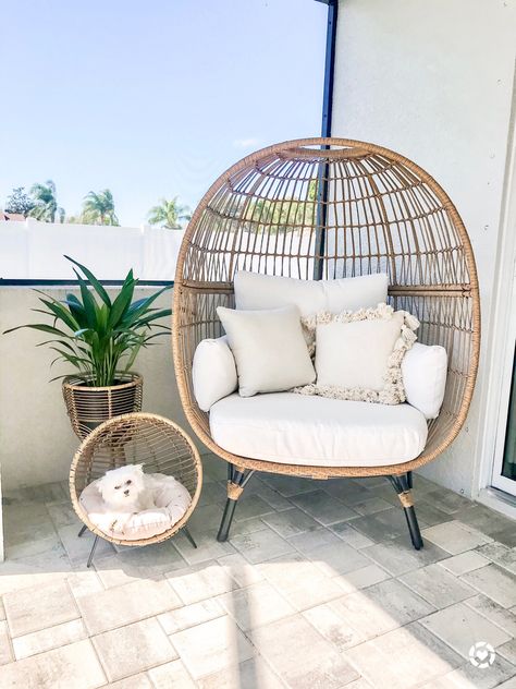 Outdoor patio decor 🌱 Purchased the small pet chair at HomeGoods but found some similar ones linked below! #eggchair #peteggchair #patiofurniture #patio #outdoorfurniture #outdoordecor #liketkit @liketoknow.it http://liketk.it/3a5eL #LTKhome @liketoknow.it.home Outdoor Patio Ideas Egg Chair, Dog Egg Chair, Tranquil Patio Ideas, Patio Egg Chair Decor, Egg Chair Outdoor Patio Decor, Outdoor Egg Chair Ideas, Egg Chair Patio, Small Outdoor Furniture, Townhome Decor