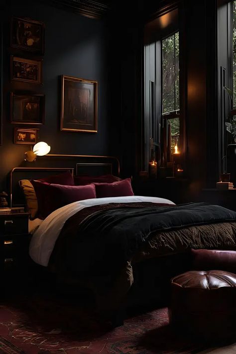 Dark Academia Aesthetic: The Rise of Dark & Moody Interiors Goth Bedroom Ideas, Victorian Style Furniture, Dark Cozy Bedroom, Moody Bedroom Ideas, Whimsical Goth, Goth Bedroom, Feminine Bedroom, Moody Bedroom, Moody Interiors