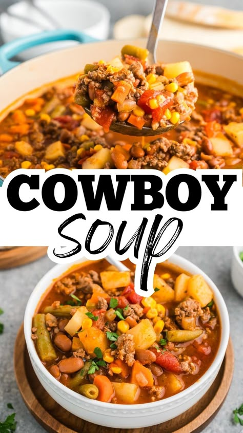 Cowboy Soup Recipe, Hamburger Soup Crockpot, Best Hamburger Soup Recipe, Ground Beef Stew Recipes, Cowboy Soup, Beef Stew Crock, Sunday Soup, Sausage Beans, Ground Beef Crockpot Recipes