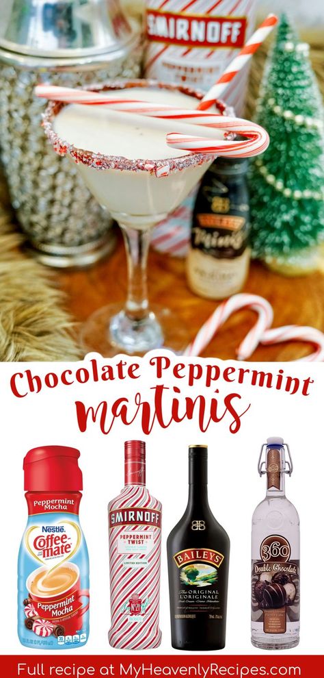 Chocolate Peppermint Martinis Recipe- christmas drink alcoholic cocktail to make. Fun christmas themed martini. Baileys irish cream, creamer, peppermint vodka, chocolate vodka, candy canes etc. Peppermint Chocolate Martini Recipe, Vodka Candy, Peppermint Martini Recipe, Sugar Cookie Martini, Christmas Themed Drinks, Cookie Martini, Peppermint Cocktail, Chocolate Martini Recipe, Peppermint Vodka