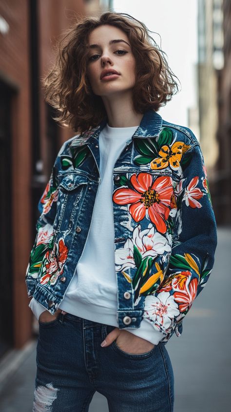 Custom hand-painted denim jacket with abstract floral patterns, captured in soft daylight with a Canon EOS R6 and RF 50mm f/1.2L lens, high detail, stylish urban backdrop. Denim Paint, Hand Painted Denim, Hand Painted Denim Jacket, Hand Painted Clothing, Denim Art, Painted Denim Jacket, Painted Jacket, Traditional Indian Dress, Custom Denim