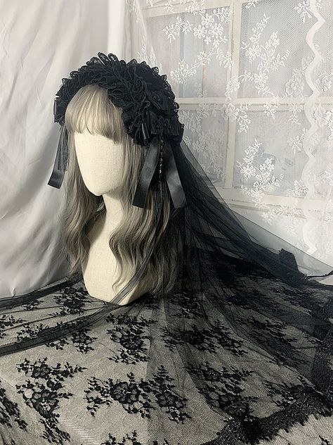 This price is for a hairband and the non detachable veil only. Black Veil Aesthetic, Goth Veil, Gothic Wedding Veil, Golden Veil, Gothic Wedding Hair, Gothic Veil, Head Veil, Black Hairband, Macabre Fashion